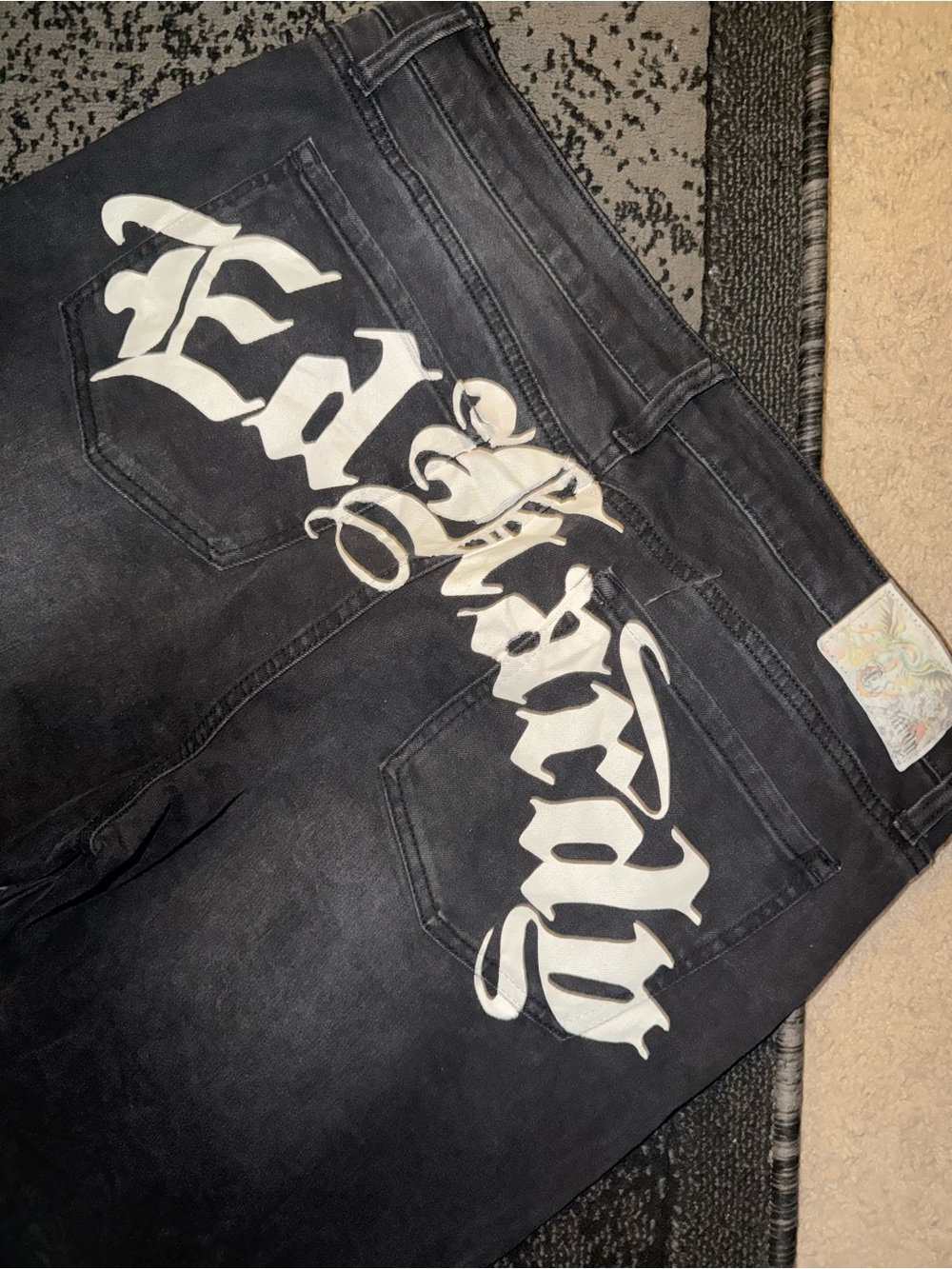 Ed Hardy Men's Black Jeans with White Script Back Logo